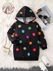 SHEIN 女童秋冬季加厚保暖宽松休闲简约舒适连帽长款卫衣，彩色花朵图案长袖运动衫，女童花朵卫衣，黑色卫衣，适合秋冬季穿着，圣诞节也适用 - 黑色 - 查看 2