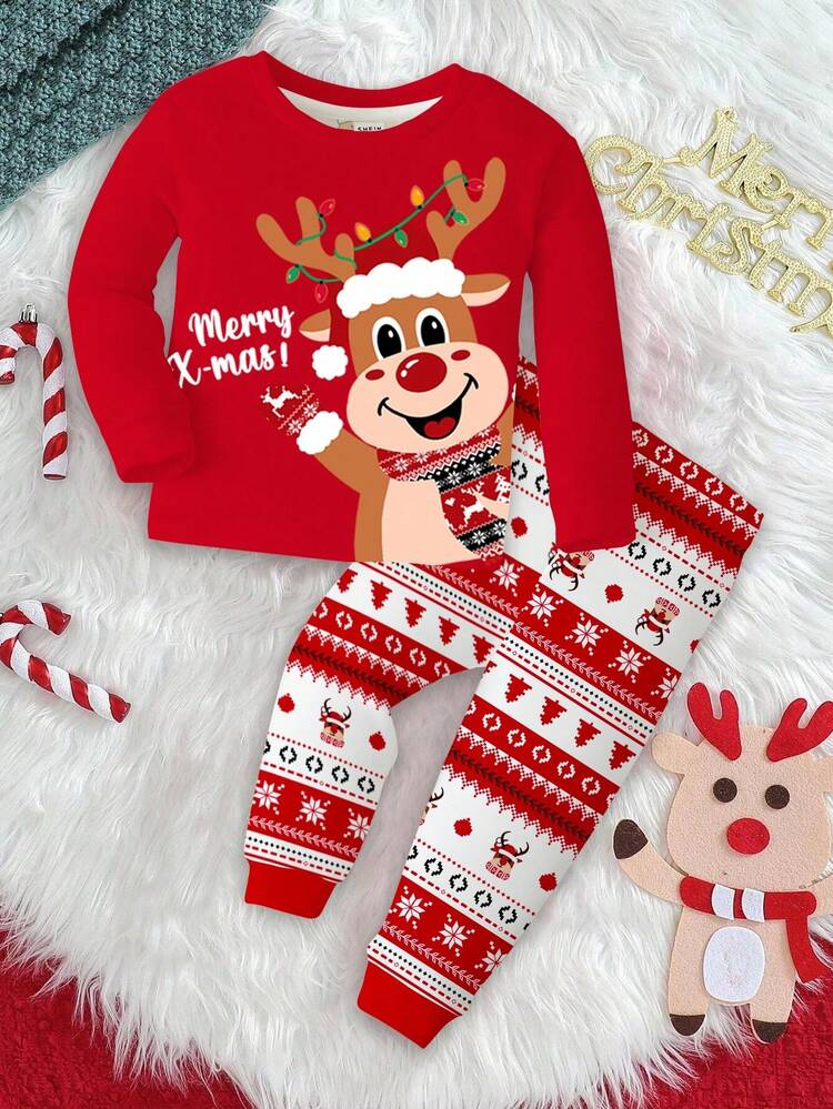 SHEIN 女婴圣诞节可爱卡通驯鹿、雪花、圣诞几何图案、费尔岛设计红色节日休闲简约舒适厚实贴身长袖上衣和裤子家居服，适合秋冬季 - 彩色 - 查看 2