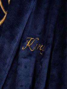 Men's Plush Flannel Bathrobe, Autumn/Winter, Luxury Navy Blue Robe With Embroidered English Text On Front And Back, Shawl Collar, Drop Shoulder, Long Sleeve Robe For Fall Winter, Fluffy, Cozy