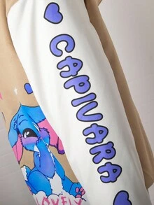 SHEIN Áo khoác hoodie lót nỉ giữ nhiệt in chữ và hoạt hình tay dài cho bé gái tuổi mới lớn, mùa thu/đông - Màu Khaki - Xem 5