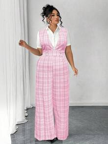 Elenzga Women's V-Neck Button Sleeveless Plaid Black Waist Jumpsuit, Business Casual, Spring/Summer