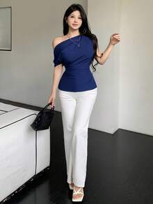 Celisse Women's Solid Color Pleated Asymmetric Collar Elegant Short Sleeve Blouse - Navy Blue - View 6