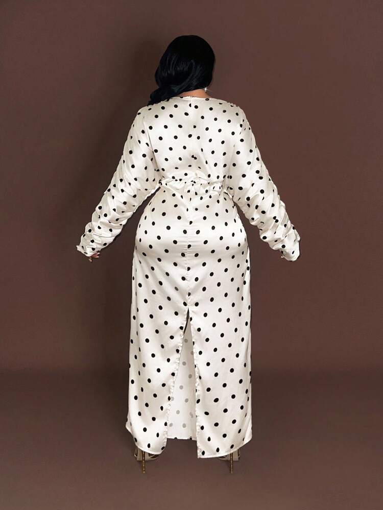 Maweii Plus Size Long Sleeve Polka Dot French Style Long Fitted Slimming Elegant Dress - Apricot - View 3
