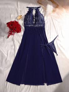 SHEIN Set Lingerie Seksi Tanpa Kawat Ukuran Plus 2 Potong dengan Renda dan Jala Kontras - Navy Blue - View 6