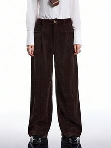 LYSMO 2025 Women's Casual Wide Leg Pants,Shades Of Brown Autumn Office Stylish Minimalist Winter Bold Edgy Chic Thermal Lining Metallic Foil Chic Pants - Coffee Brown - View 5
