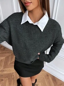 SHEIN Suéter de cuello redondo de manga larga de punto de unicolor y estilo casual - Gris Oscuro - Ver 3