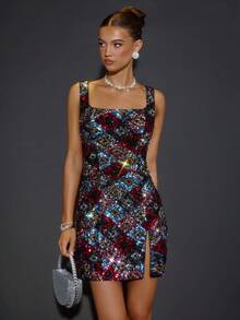 SHEIN BAE Women's Autumn/Winter Spaghetti Strap Square Neck Beaded Embroidery Side Slit Mini Dress, Suitable For Parties, Formal Events, Galas, Holidays,   Sequence Dress Night Club Dress,Valentine's Day,Valentine Outfits For Women - Black - View 4