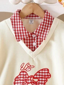 Elladie kids 2 件女童蝴蝶刺绣 + 格子拼布领运动衫和百褶裙时尚套装，百搭时尚校园风 - 紅色 - 查看 7