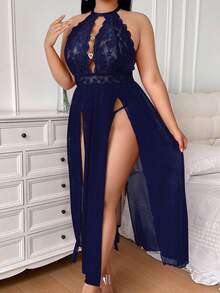 SHEIN Set Lingerie Seksi Tanpa Kawat Ukuran Plus 2 Potong dengan Renda dan Jala Kontras - Navy Blue - View 3