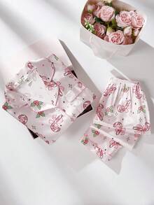 2件套女童可爱蝴蝶结印花翻领开衫和休闲裤舒适睡衣套装 - 彩色 - 查看 5