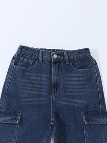 SHEIN Sparklyn Tween Girl Y2K 休闲多口袋抽绳腰部浅色水洗蓝色工装牛仔裤 - 深色水洗藍 - 查看 3