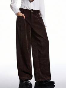 LYSMO 2025 Women's Casual Wide Leg Pants,Shades Of Brown Autumn Office Stylish Minimalist Winter Bold Edgy Chic Thermal Lining Metallic Foil Chic Pants - Coffee Brown - View 6