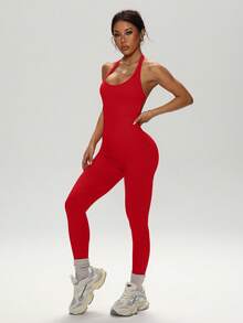 Slayform Slayform Women's Solid Color Backless Halter Jumpsuit, Activewear Seamless Yoga Jumpsuit Red Workout Jumpsuit - Red - View 5