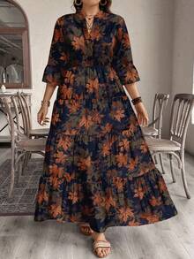 EMERY ROSE Váy dài thanh lịch họa tiết lá phong cổ điển cỡ lớn, thích hợp cho tiệc thu/đông - Nhiều màu - Xem 5