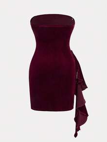 SHEIN Váy đỏ trơn đuôi cá cổ lệch dây chéo ôm vừa vặn cho bé gái tuổi mới lớn, váy dự tiệc Giáng sinh, váy Giáng sinh đỏ - Màu Đỏ Sâu - Xem 4