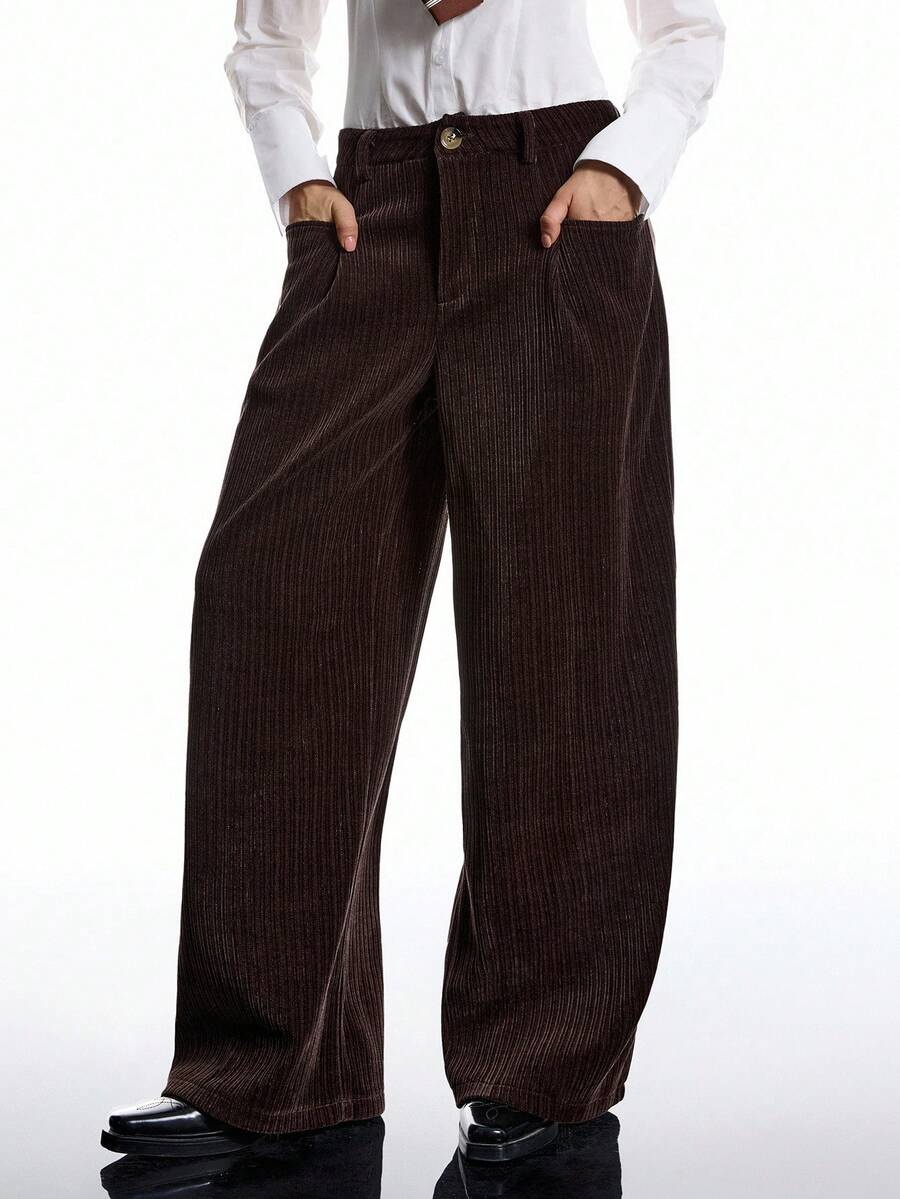 LYSMO 2025 Women's Casual Wide Leg Pants,Shades Of Brown Autumn Office Stylish Minimalist Winter Bold Edgy Chic Thermal Lining Metallic Foil Chic Pants - Coffee Brown - View 1