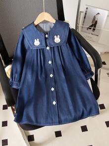 少女牛仔效果兔领长袖连衣裙 - 中等水洗藍 - 查看 3