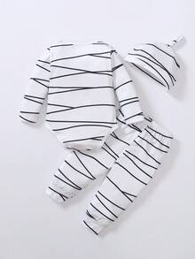 SHEIN Playful Pals 3件套圣诞男宝宝木乃伊服装套装 - 连体衣、裤子、帽子，适合圣诞装饰、派对、生日、拍照、日常穿着，春夏秋冬皆宜。黑白男宝宝套装，新生儿连体衣配长袖长裤，万圣节男宝宝服装，卡通宝宝服装，男女宝宝通用套装。 - 黑與白 - 查看 2