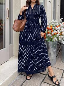 SHEIN LUNE Đầm ren cổ tròn tay loe chấm bi thanh lịch cỡ lớn dành cho nữ, phù hợp cho mùa xuân và mùa thu - Màu xanh hải quân - Xem 4