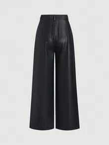 Sweetra 女式休闲高腰宽松阔腿直筒飘逸长裤，百搭 PU 皮革，秋季 - 黑色 - 查看 2