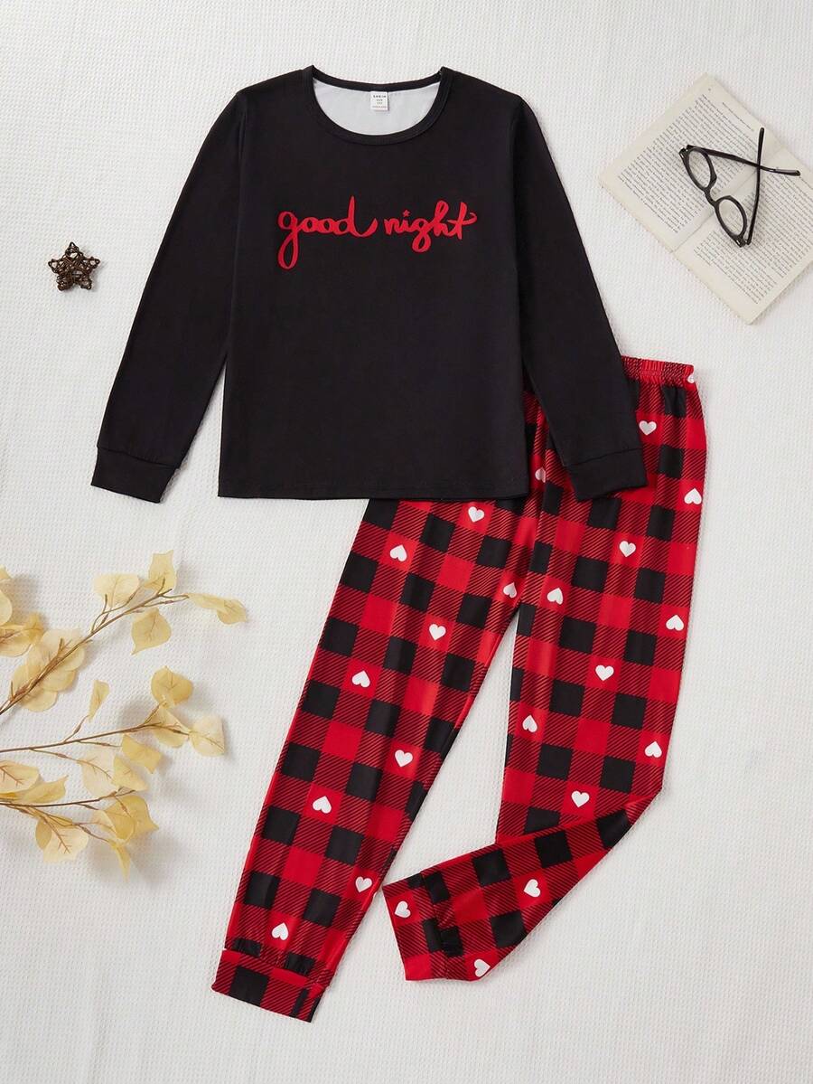 Tween Girl Good Night Graphic & Heart Plaid Pattern Cute Casual Sleepwear Pajamas Set, Comfortable Long Sleeve Top And Pants, Christmas - Red - View 1