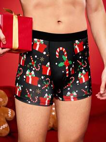 Cuecas boxer de comprimento médio para homens com estampa engraçada de Papai Noel, caixa de presente, bengala de doce, sinos, flocos de neve, boneco de neve e família em festa - Preto - Visão 3
