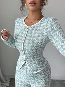 Elenzga 2 件套：时尚人字纹提花拼接优雅休闲圆领长袖 T 恤 + 直筒裤，适合返校季、春秋季 - 彩色 - 查看 2