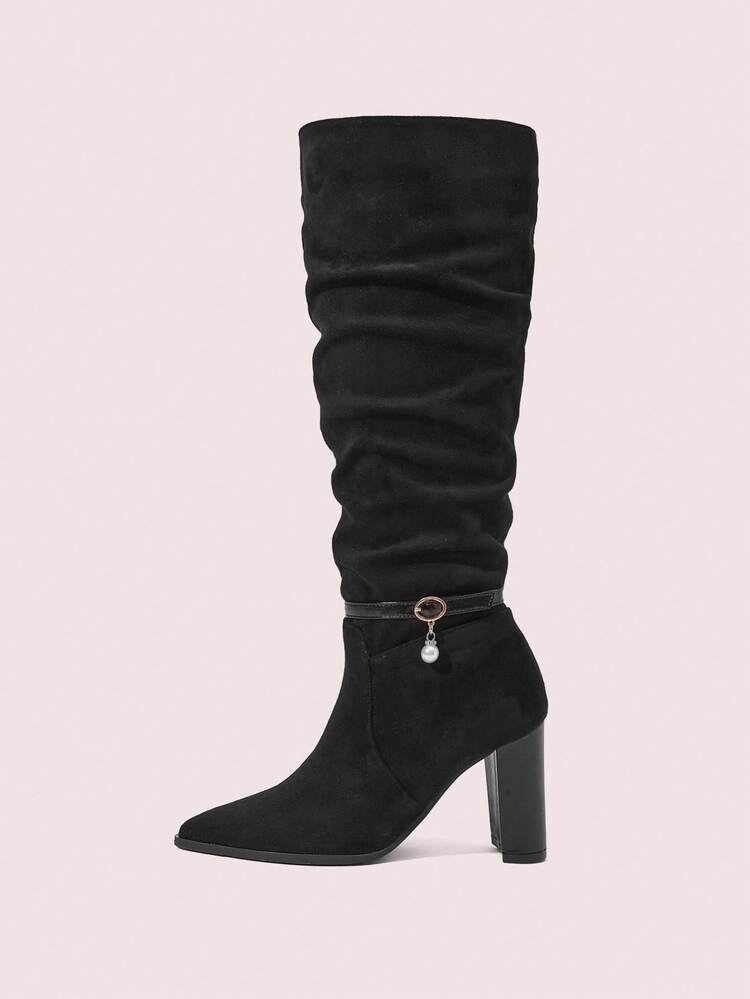 CUCCOO DOLLMOD 女式绒面尖头弹力高跟靴，防滑软底细跟中筒靴，适合秋冬季 - 黑色 - 查看 2