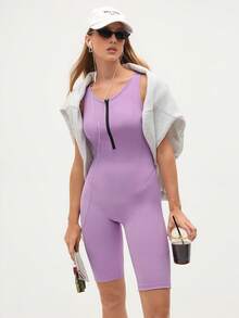 Eassivo Eassivo Women's Casual Sports Zipper Half-Zip Jumpsuit - Violet Purple - View 7