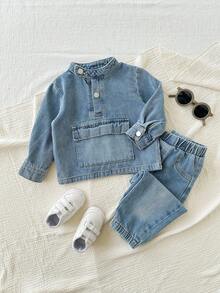 SHEIN Bubblio 2件套男童休闲立领牛仔夹克和牛仔裤套装，秋冬 - 彩色 - 查看 8