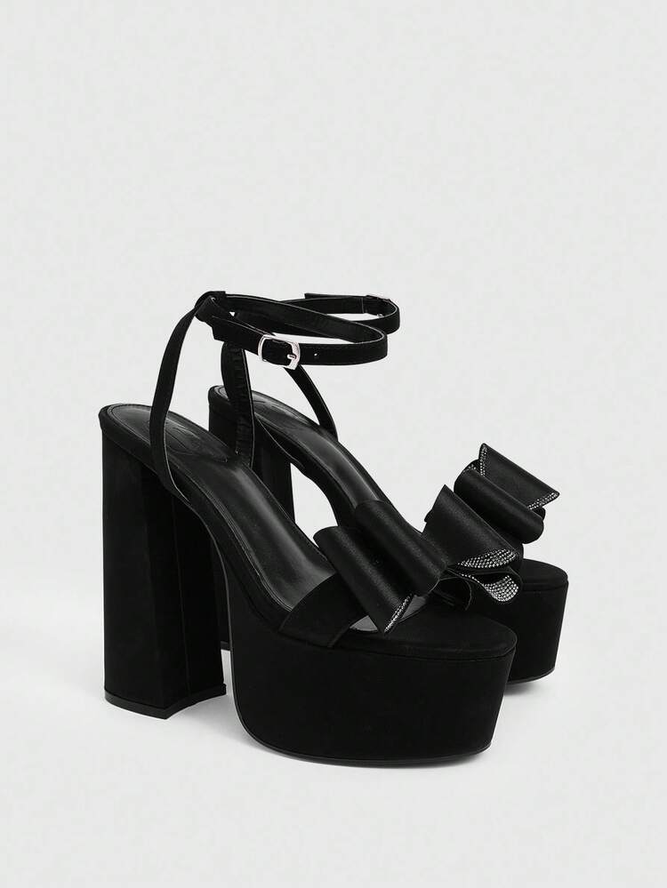 CUCCOO LuxiPop Sandalias de plataforma con tacón alto y lazo negro para mujer, con correa de tobillo, punta redonda, estilo casual, para vacaciones, fiesta y lindo