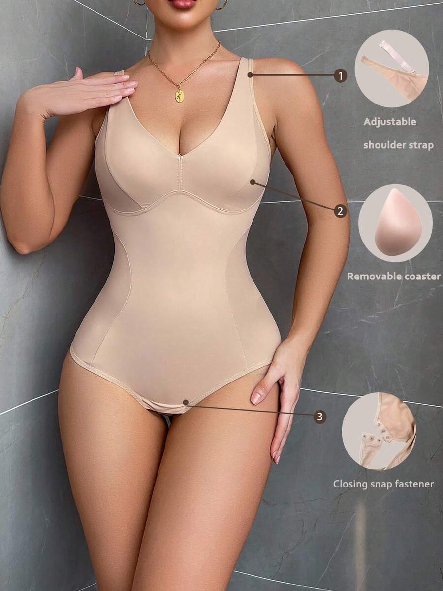 SuitURBody 1 bộ đồ liền thân cổ chữ V sâu màu trơn tối giản dành cho nữ - Màu be - Xem 1