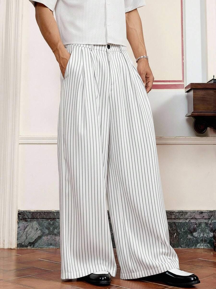 SWAVVY Men's Casual Commuter Striped Wide-Leg Pants - White - View 1