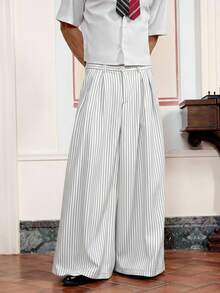SWAVVY Men's Casual Commuter Striped Wide-Leg Pants - White - View 3