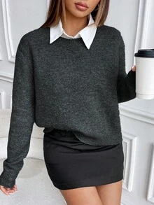 SHEIN Suéter de cuello redondo de manga larga de punto de unicolor y estilo casual - Gris Oscuro - Ver 4