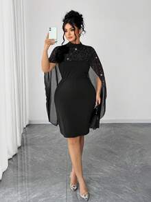 SHEIN Clasi Eleganter Damen Große Größen Schal mit 3D Blumen und Glitzer, einfarbiges knielanges Kleid, geeignet für Party und Veranstaltungen - Schwarz - Übersicht 4