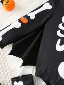 2 Stück/Set Baby Jungen süßes Skelett & Fledermaus Design Kapuzen-Bodysuit und Stulpen Set, bequem vielseitig modisch lässiger Outfit, geeignet für Halloween, Innen, Außen, Alltag, Sport, Spiel, Party, Fotografie, Herbst/Winter Totenkopf Baby Kleidung Halloween Baby Jungen Outfit Gruselig Baby Kleidung Baby Skelett Kostüm - Schwarz - Übersicht 6