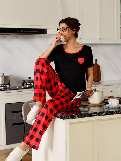 SHEIN Contrast Color Trim Heart Print Top & Red Plaid Pants Casual Pajama Pants Set For Women, Christmas