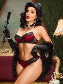 蕾丝拼布复古链条女士内衣套装 - 黑色 - 查看 3