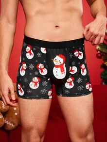 Notgurli Christmas Funny Print Cartoon Quirky Santa Claus, Gift Box, Candy Cane, Bell, Snowflake, Snowman, Family Party Men's Mid-Length Boxer Briefs - Black - View 5