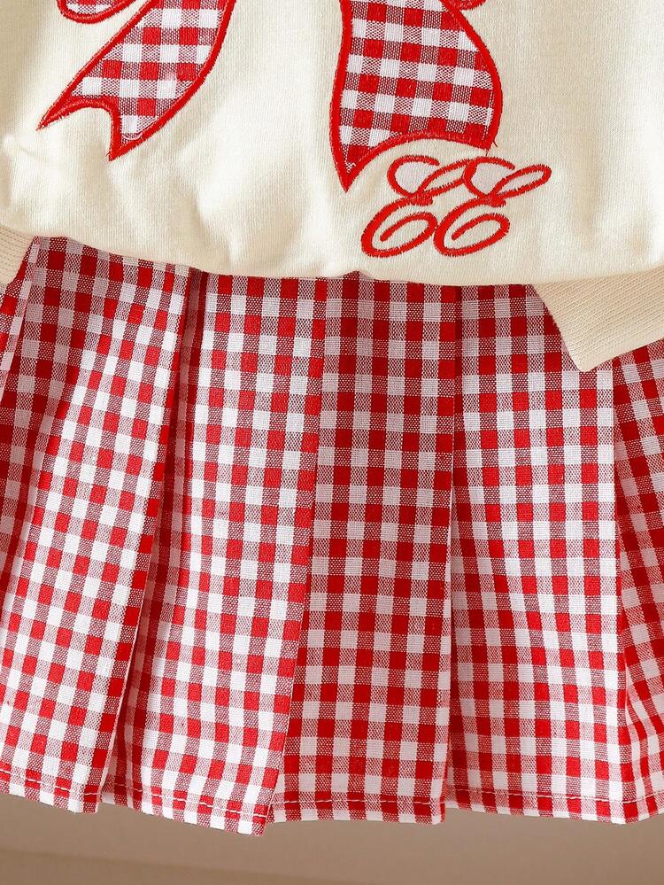 Elladie kids 2 件女童蝴蝶刺绣 + 格子拼布领运动衫和百褶裙时尚套装，百搭时尚校园风 - 紅色 - 查看 4