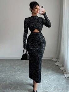 Elenzga New Women's Sexy Metallic Knit Stand Collar Long Sleeve Ruched Waist Hollow Out Design Slit Hem Maxi Dress, Versatile For Party And Daily Wear, Spring/Autumn Fall Cloth For Women