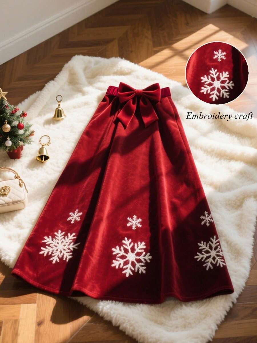Franclia Falda larga de línea A con bordado de copos de nieve elegante para fiesta de Navidad de mujer - Rojo - Ver 1
