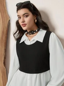 SHEIN LUNE Women Plus Size Color Block Long Sleeve Casual Top, Autumn Holiday Outfit - Black and White - View 3