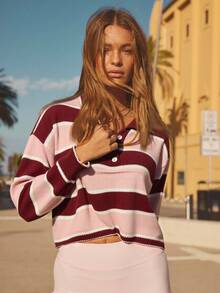 SHEIN Aralina-E 女式撞色条纹宽松落肩休闲套头毛衣 - 彩色 - 查看 7