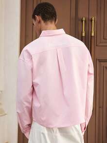 SWAVVY 男士休闲日常通勤简约字母刺绣落肩宽松拼布口袋长袖衬衫，秋季 - 粉色 - 查看 2