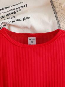 2 件年轻女孩长袖罗纹针织上衣 + 格子裙裤套装，复古韩式休闲优雅圆领 T 恤搭配 A 字裙裤，适合春秋季 - 紅色 - 查看 4