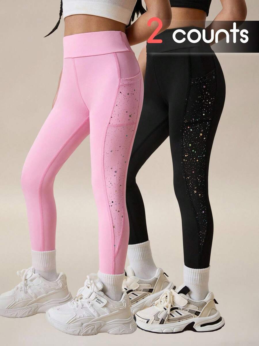 Sparklyn 2pcs Young Girls' Starry Sky Printed Leggings, High Stretch Yoga Pants With Pockets, Fashion Versatile Classic Tights For Outdoor Sports, Running, Cycling, Hiking, Black & Pink Fall Winter - Multicolor - View 1