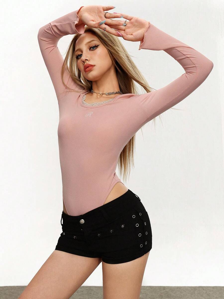 Rina Fox Body de encaje casual para mujer, otoño - Rosa - Ver 1