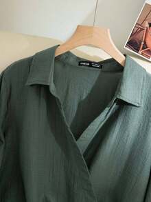 Modelyn Camisa casual de manga larga con cruce y nudo delantero en unicolor, talla grande